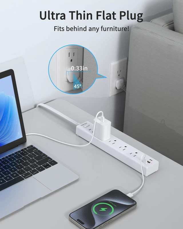 Alt view image 4 of 7 - 6FT Surge Protector Power Strip, 1700J, 5AC&1A2C, Flat Plug Extension Cord Flat Power Strip, 0.33in Ultra Thin Plug, 1250W/10A, Wide Spaced, Mountable for Home Office, White