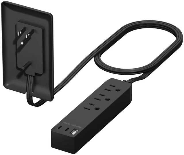 Main image of Outlet Extender with 3 Receptacles, 21W USB-A & 2 USB-C, Flat-Face ETL Listed, 3ft Cord, 1625W, Matte Black, 3-Outlet Power Strip, Wall Plate Plug With Cord Extender, Premium Quality