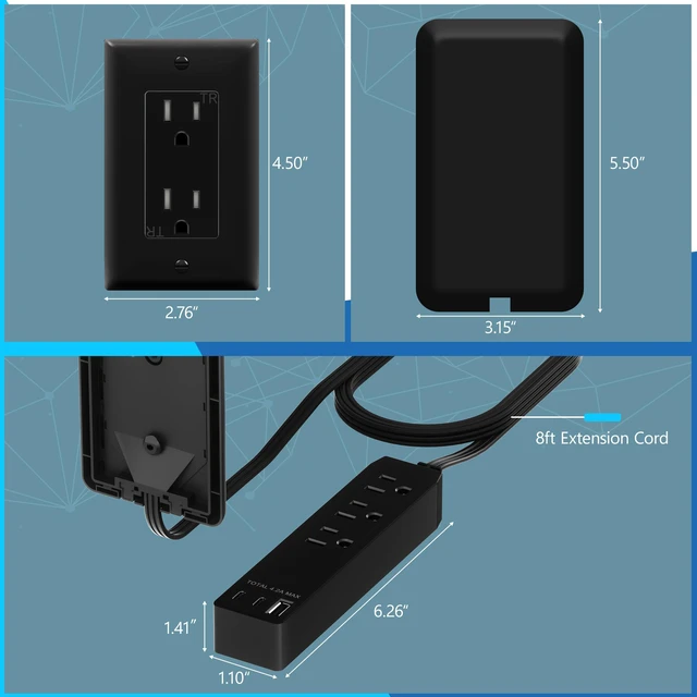 Alt view image 3 of 7 - Outlet Extender with 3 Receptacles, 21W USB-A & 2 USB-C, Flat-Face ETL Listed, 3ft Cord, 1625W, Matte Black, 3-Outlet Power Strip, Wall Plate Plug With Cord Extender, Premium Quality