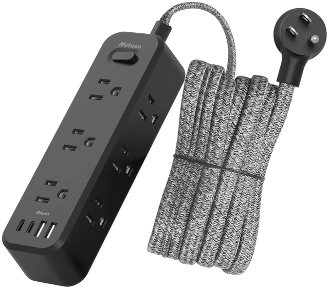 Main image of 25FT Extension Cord with Multiple Outlets, 13-in-1 Long Power Strip with 9 Wide Spaced Outlets and 4 USB Ports, Flat Plug Wall Mount Charging Station for College Dorm Room Essentials, Office, Black