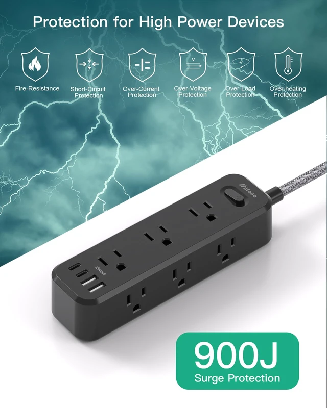 Alt view image 5 of 7 - 10FT Power Strip, 13-in-1 Long Extension Cord with Multiple Outlets with 9 Wide Spaced Outlets and 4 USB Ports, Flat Plug Wall Mount Charging Station for College Dorm Room Essentials, Office, Black
