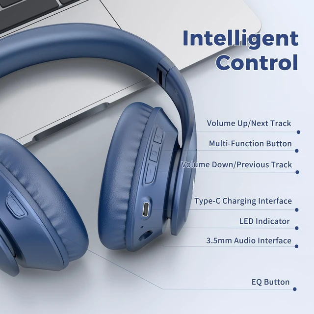 Alt view image 6 of 7 - Bluetooth Headphones Over Ear, Wireless HiFi Stereo Foldable Headset 65H Playtime, Bluetooth 6.0, 6 EQ Modes, Built-in Mic, Deep Bass Stereo, Lightweight Design for Home, Office, Travel & PC
