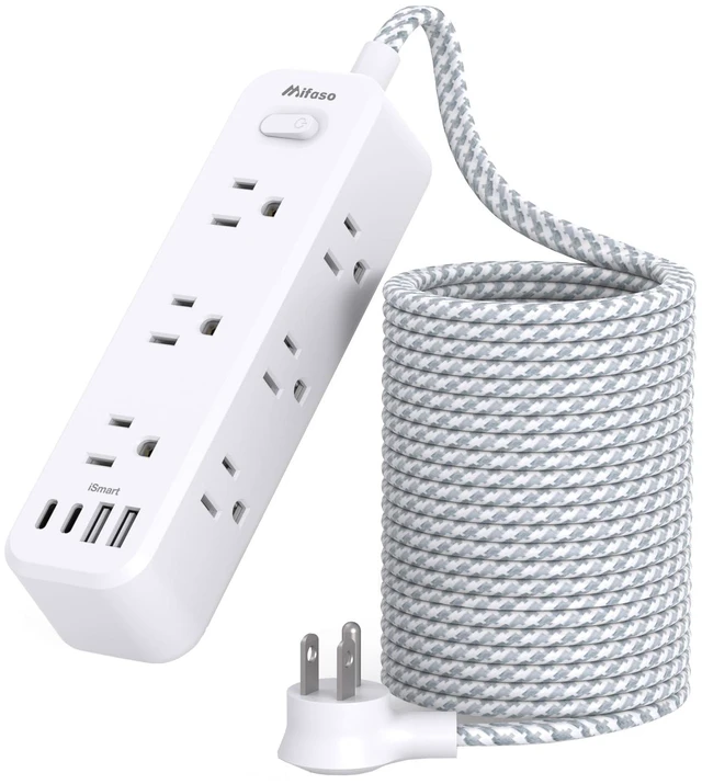 Main image of 25FT Extension Cord with Multiple Outlets, 13-in-1 Long Power Strip with 9 Wide Spaced Outlets and 4 USB Ports, Flat Plug Wall Mount Charging Station for College Dorm Room Essentials, Office, White