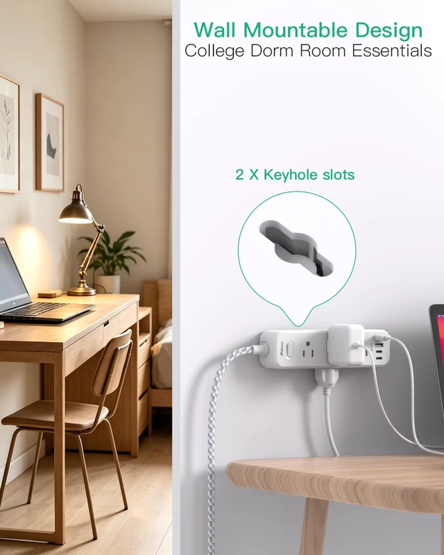 Alt view image 6 of 7 - 10FT Power Strip, 13-in-1 Long Extension Cord with Multiple Outlets with 9 Wide Spaced Outlets and 4 USB Ports, Flat Plug Wall Mount Charging Station for College Dorm Room Essentials, Office, White