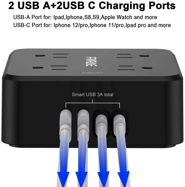 Alt view image 3 of 7 - 10Ft Extension Cord with Multiple Outlets, 8 Outlets and 4 USB Ports 10 Feet Flat Plug Long Cord Surge Protector Power Strip for Home Office, College Dorm Room Essentials, ETL Listed, Black