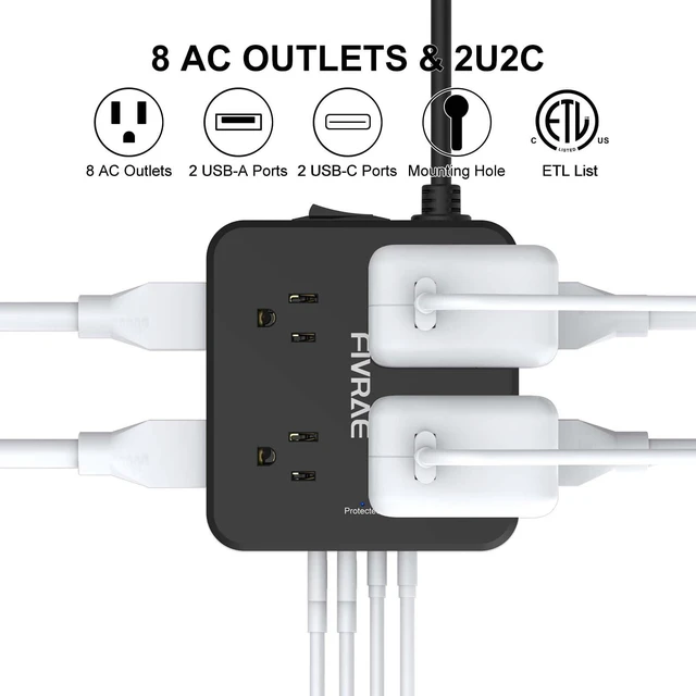 Alt view image 2 of 7 - 10Ft Extension Cord with Multiple Outlets, 8 Outlets and 4 USB Ports 10 Feet Flat Plug Long Cord Surge Protector Power Strip for Home Office, College Dorm Room Essentials, ETL Listed, Black