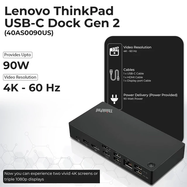 Alt view image 3 of 7 - 40AS0090US Lenovo Thinkpad Docking Station Gen 2-, Lenovo Docking Station for Laptop with 90W Adapter, HDMI, USB-C, DisplayPort Cables & Cloth - Universal Thunderbolt 3 Dock
