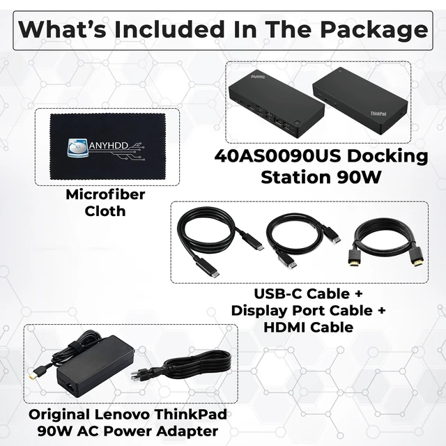 Alt view image 2 of 7 - 40AS0090US Lenovo Thinkpad Docking Station Gen 2-, Lenovo Docking Station for Laptop with 90W Adapter, HDMI, USB-C, DisplayPort Cables & Cloth - Universal Thunderbolt 3 Dock
