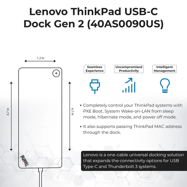 Alt view image 7 of 7 - 40AS0090US Lenovo Thinkpad Docking Station Gen 2-, Lenovo Docking Station for Laptop with 90W Adapter, HDMI, USB-C, DisplayPort Cables & Cloth - Universal Thunderbolt 3 Dock