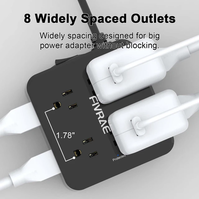 Alt view image 4 of 7 - 10Ft Extension Cord with Multiple Outlets, 8 Outlets and 4 USB Ports 10 Feet Flat Plug Long Cord Surge Protector Power Strip for Home Office, College Dorm Room Essentials, ETL Listed, Black