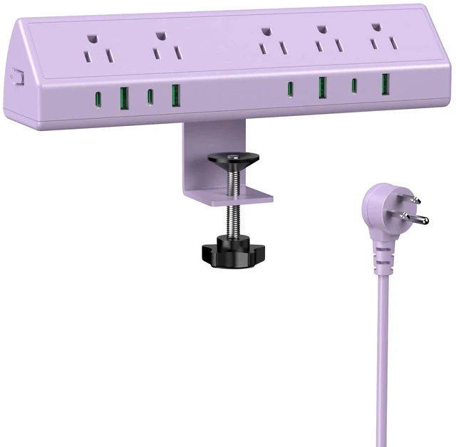 Main image of Desk Clamp Power Strip USB C 45W,Surge Protector,Purple 4 USB-C,Edge Mount,1875W Extension Cord,15A Switch,ETL Listed,Office,Gaming,Dorm