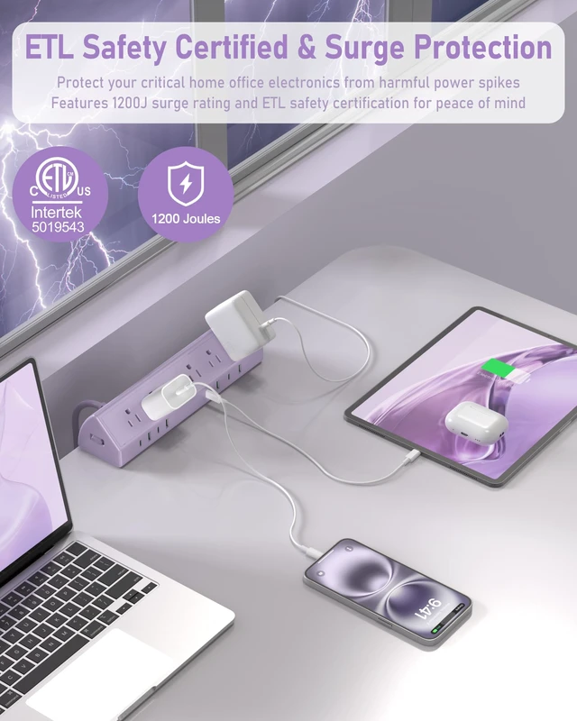 Alt view image 2 of 5 - Desk Clamp Power Strip USB C 45W,Surge Protector,Purple 4 USB-C,Edge Mount,1875W Extension Cord,15A Switch,ETL Listed,Office,Gaming,Dorm
