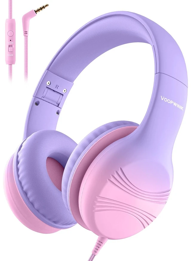 Main image of Kids Headphones, Wired Headphones for Kids with Microphone 85/94dB Volume Limit, Stereo Sound Portable Over Ear Headphones for School/Travel/Tablet/iPad, Violet Pink