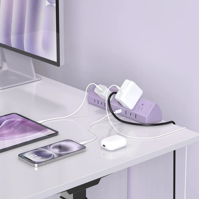 Alt view image 4 of 5 - Desk Clamp Power Strip USB C 45W,Surge Protector,Purple 4 USB-C,Edge Mount,1875W Extension Cord,15A Switch,ETL Listed,Office,Gaming,Dorm