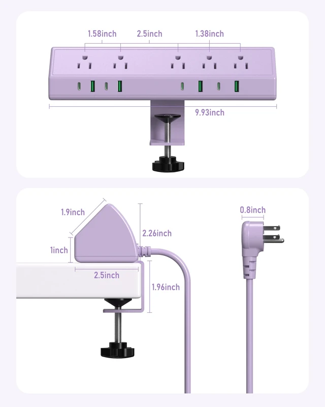 Alt view image 5 of 5 - Desk Clamp Power Strip USB C 45W,Surge Protector,Purple 4 USB-C,Edge Mount,1875W Extension Cord,15A Switch,ETL Listed,Office,Gaming,Dorm