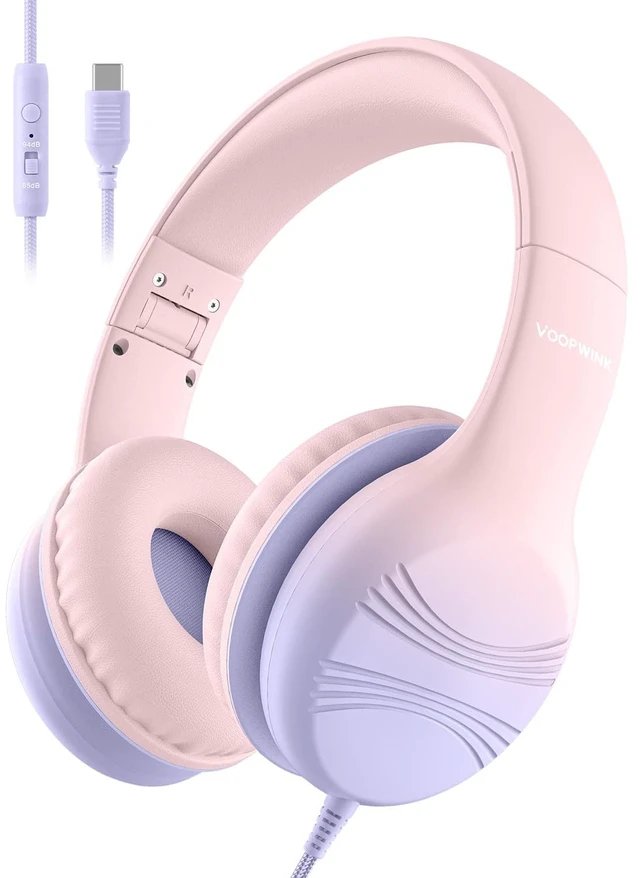 Main image of USB Type C Kids Headphones, Wired Headphones for Kids with Microphone 85/94dB Volume Limit, Stereo Sound Portable Over Ear Headphones for School/Travel/Tablet/iPad, Gradient Pink