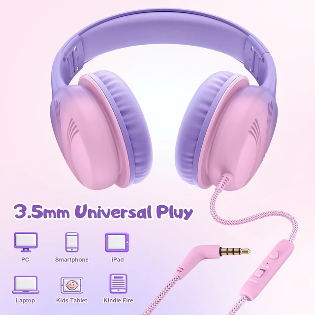 Alt view image 7 of 7 - Kids Headphones, Wired Headphones for Kids with Microphone 85/94dB Volume Limit, Stereo Sound Portable Over Ear Headphones for School/Travel/Tablet/iPad, Violet Pink