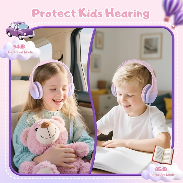 Alt view image 2 of 7 - USB Type C Kids Headphones, Wired Headphones for Kids with Microphone 85/94dB Volume Limit, Stereo Sound Portable Over Ear Headphones for School/Travel/Tablet/iPad, Gradient Pink