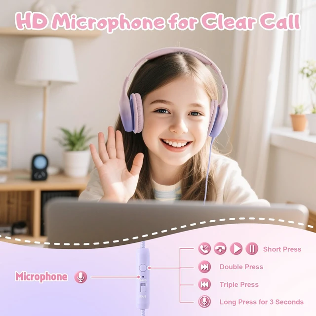 Alt view image 3 of 7 - USB Type C Kids Headphones, Wired Headphones for Kids with Microphone 85/94dB Volume Limit, Stereo Sound Portable Over Ear Headphones for School/Travel/Tablet/iPad, Gradient Pink