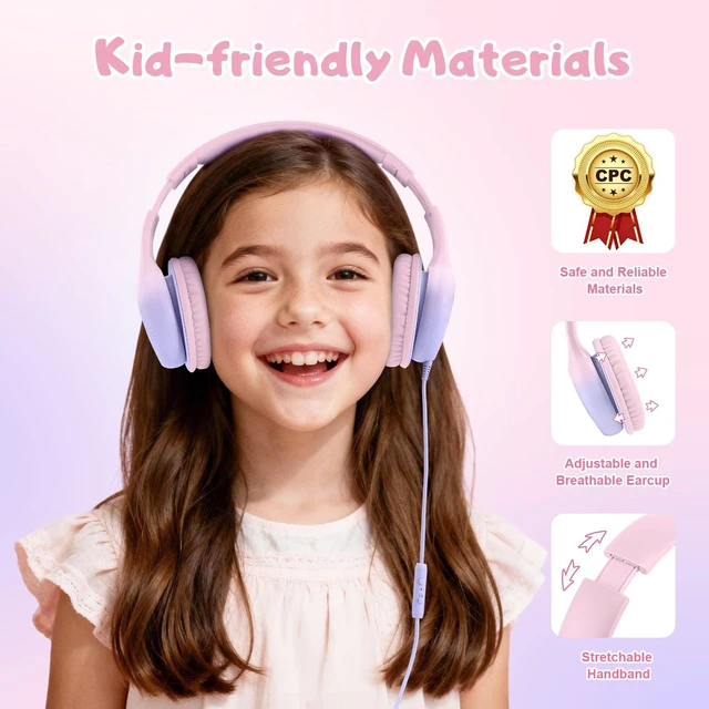Alt view image 5 of 7 - USB Type C Kids Headphones, Wired Headphones for Kids with Microphone 85/94dB Volume Limit, Stereo Sound Portable Over Ear Headphones for School/Travel/Tablet/iPad, Gradient Pink