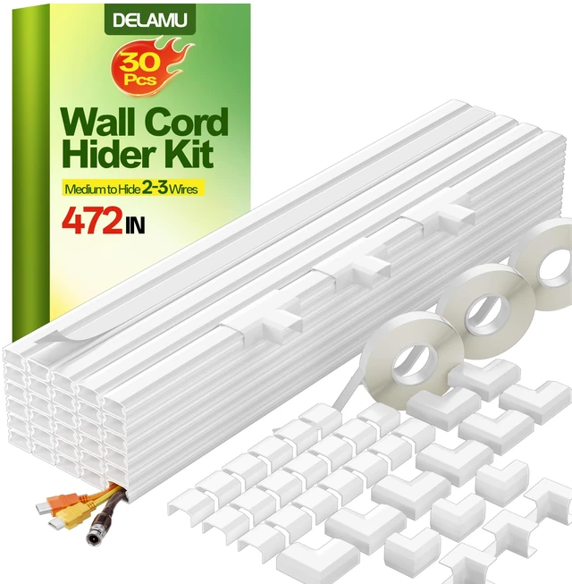 Main image of Cord Hider Wall, 472in Cord Covers for 2-3 Wires, Easy Set up Cable Hider Wire Covers for Cords on Wall, Self-Adhesive Wire Hiders for TV on Wall, Cable Cover Management, W1.0 H0.53in, White