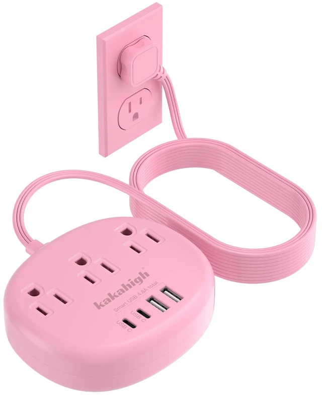 Main image of Pink Extension Cord - 10 FT Flat Power Strip 1625W Cute Extension Cord with 3 AC Outlet 4 USB (24W/4.8A), Compact for Cute Pink Kawaii Desk Home Essentials