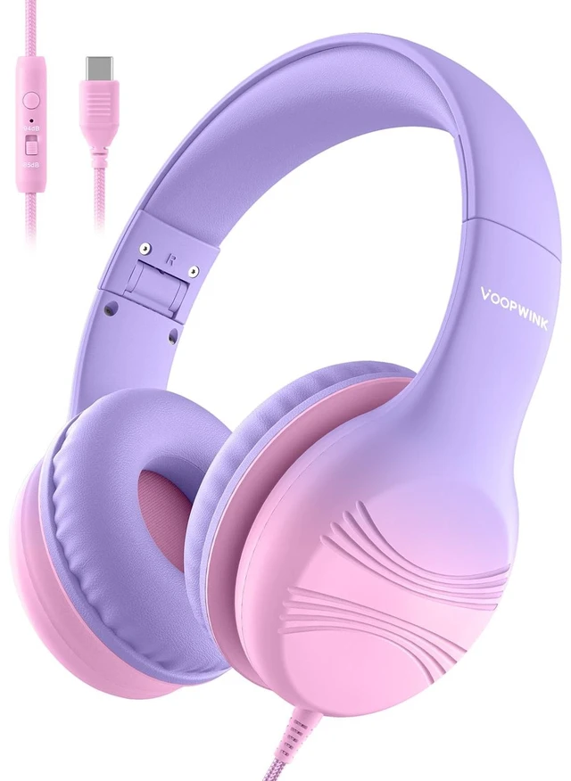 Main image of USB Type C Kids Headphones, Wired Headphones for Kids with Microphone 85/94dB Volume Limit, Stereo Sound Portable Over Ear Headphones for School/Travel/Tablet/iPad, Violet Pink