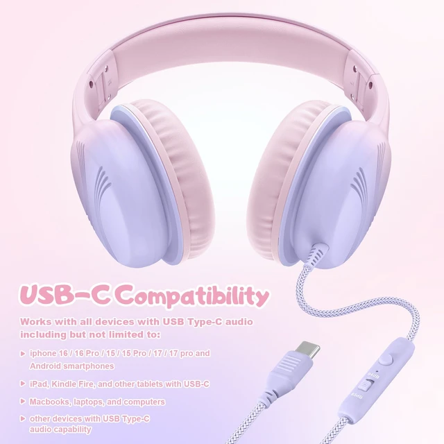 Alt view image 7 of 7 - USB Type C Kids Headphones, Wired Headphones for Kids with Microphone 85/94dB Volume Limit, Stereo Sound Portable Over Ear Headphones for School/Travel/Tablet/iPad, Gradient Pink