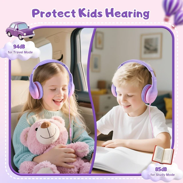 Alt view image 2 of 7 - USB Type C Kids Headphones, Wired Headphones for Kids with Microphone 85/94dB Volume Limit, Stereo Sound Portable Over Ear Headphones for School/Travel/Tablet/iPad, Violet Pink