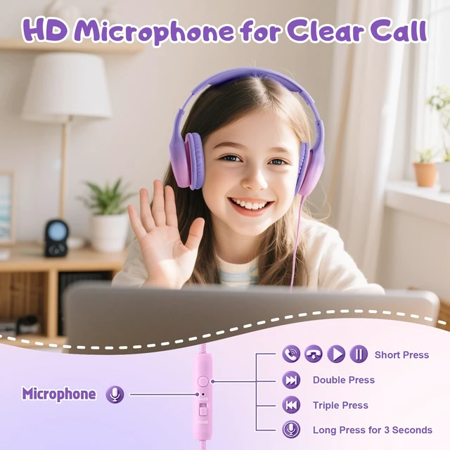 Alt view image 3 of 7 - USB Type C Kids Headphones, Wired Headphones for Kids with Microphone 85/94dB Volume Limit, Stereo Sound Portable Over Ear Headphones for School/Travel/Tablet/iPad, Violet Pink