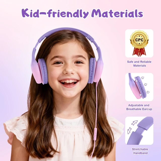 Alt view image 5 of 7 - USB Type C Kids Headphones, Wired Headphones for Kids with Microphone 85/94dB Volume Limit, Stereo Sound Portable Over Ear Headphones for School/Travel/Tablet/iPad, Violet Pink