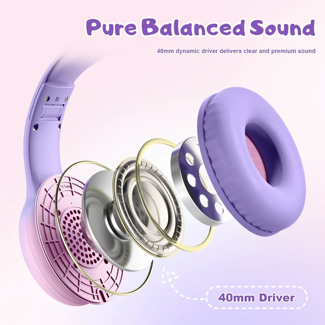 Alt view image 6 of 7 - USB Type C Kids Headphones, Wired Headphones for Kids with Microphone 85/94dB Volume Limit, Stereo Sound Portable Over Ear Headphones for School/Travel/Tablet/iPad, Violet Pink