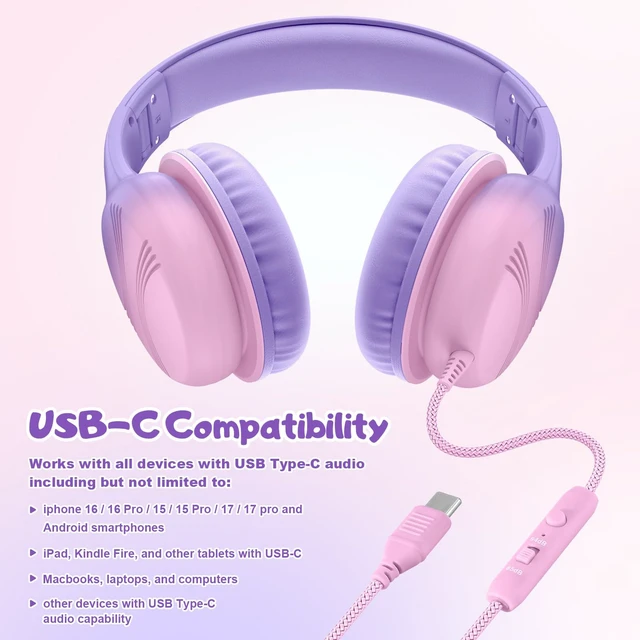 Alt view image 7 of 7 - USB Type C Kids Headphones, Wired Headphones for Kids with Microphone 85/94dB Volume Limit, Stereo Sound Portable Over Ear Headphones for School/Travel/Tablet/iPad, Violet Pink