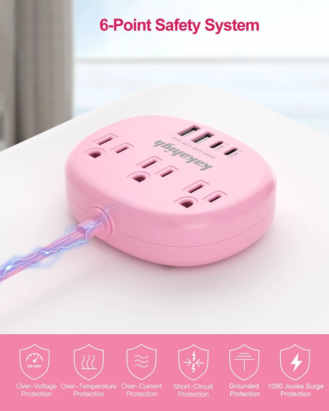 Alt view image 7 of 7 - Pink Extension Cord - 10 FT Flat Power Strip 1625W Cute Extension Cord with 3 AC Outlet 4 USB (24W/4.8A), Compact for Cute Pink Kawaii Desk Home Essentials
