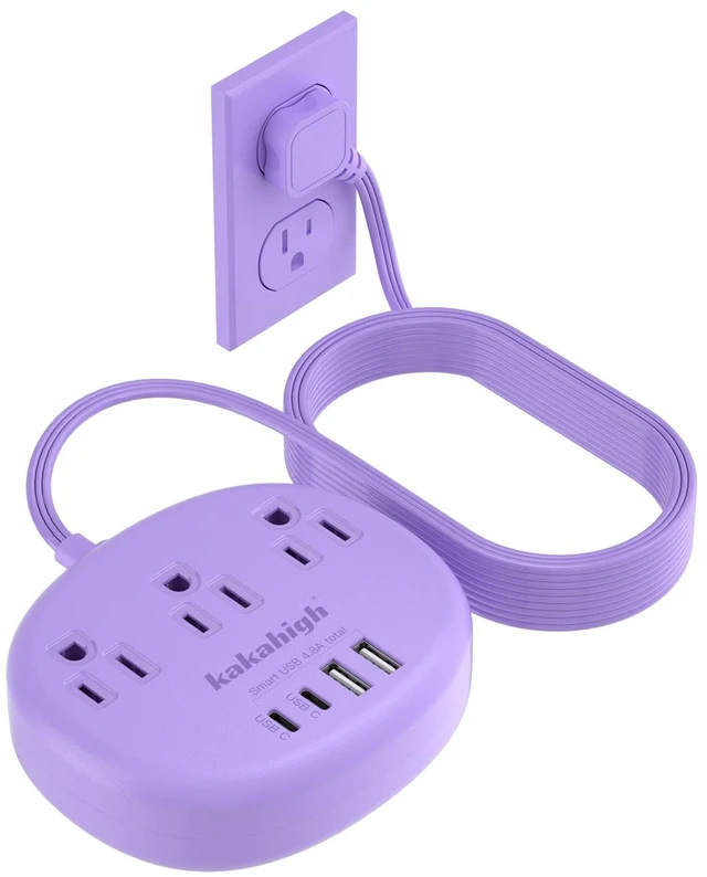 Main image of Purple Extension Cord - 10 FT Flat Power Strip 1625W Cute Extension Cord with 3 AC Outlet 4 USB (24W/4.8A), Compact for Cute Purple Kawaii Lavender Desk Accessories