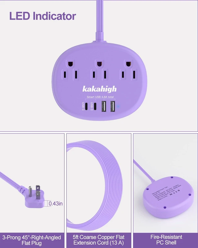 Alt view image 3 of 7 - Purple Extension Cord with USB C - 5 FT Flat Power Strip 1625W Cute Extension Cord with 3 AC Outlet 4 USB (24W/4.8A), Compact for Cute Purple Kawaii Lavender Accessories