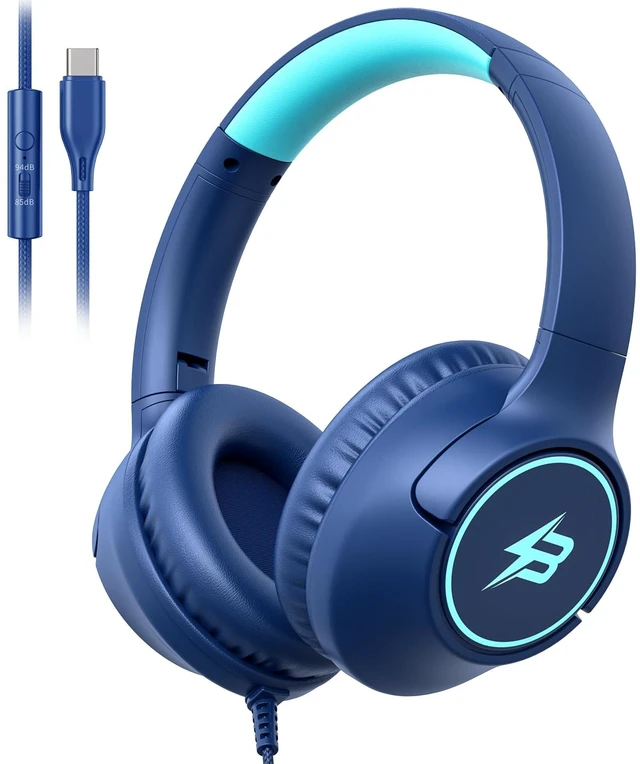Main image of USB C Headphones Wired for Kids, 85/94dB Volume Limit With Mic, Navy Blue Kid Headphones for School, Wired Over Ear USBC Plug in Corded Headphones for Boys Girl Toddler, iPad, Tablet, Airplane Travel