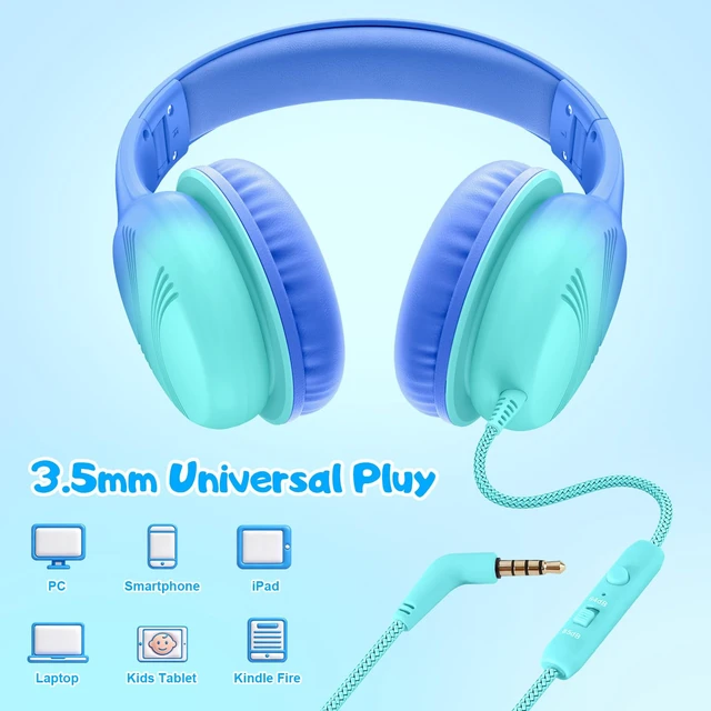 Alt view image 7 of 7 - Kids Headphones, Wired Headphones for Kids with Microphone 85/94dB Volume Limit, Stereo Sound Portable Over Ear Headphones for School/Travel/Tablet/iPad, Gradient Blue