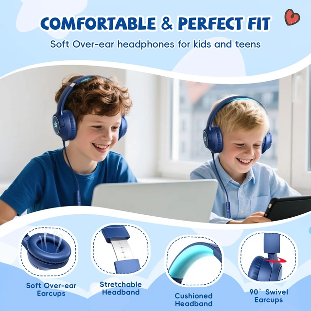 Alt view image 4 of 7 - USB C Headphones Wired for Kids, 85/94dB Volume Limit With Mic, Navy Blue Kid Headphones for School, Wired Over Ear USBC Plug in Corded Headphones for Boys Girl Toddler, iPad, Tablet, Airplane Travel
