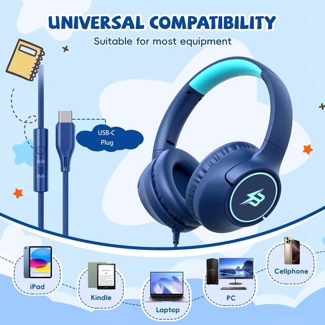 Alt view image 3 of 7 - USB C Headphones Wired for Kids, 85/94dB Volume Limit With Mic, Navy Blue Kid Headphones for School, Wired Over Ear USBC Plug in Corded Headphones for Boys Girl Toddler, iPad, Tablet, Airplane Travel