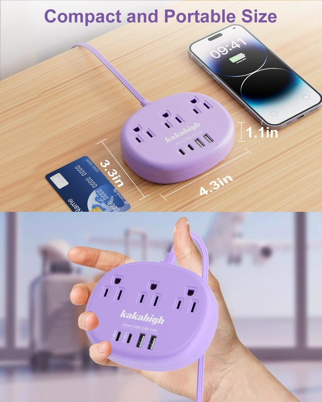 Alt view image 4 of 7 - Purple Extension Cord with USB C - 5 FT Flat Power Strip 1625W Cute Extension Cord with 3 AC Outlet 4 USB (24W/4.8A), Compact for Cute Purple Kawaii Lavender Accessories