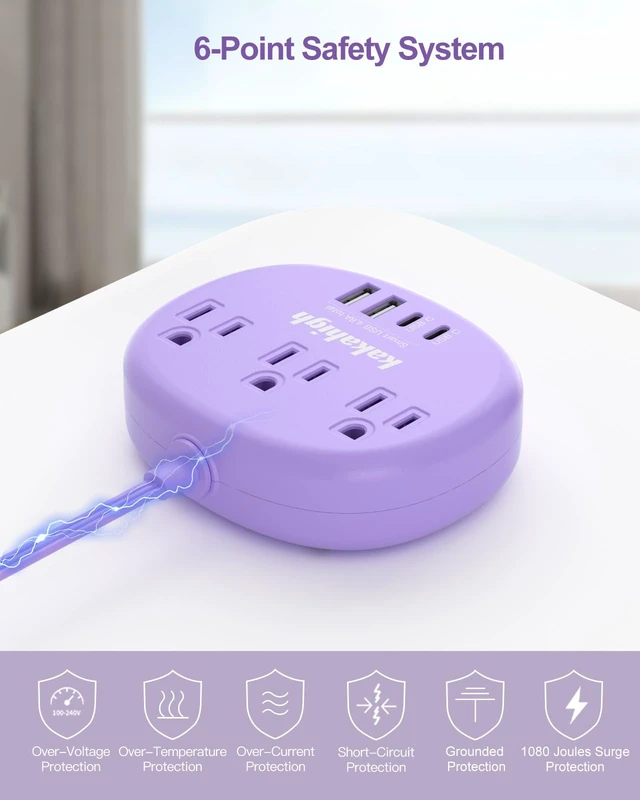 Alt view image 7 of 7 - Purple Extension Cord with USB C - 5 FT Flat Power Strip 1625W Cute Extension Cord with 3 AC Outlet 4 USB (24W/4.8A), Compact for Cute Purple Kawaii Lavender Accessories