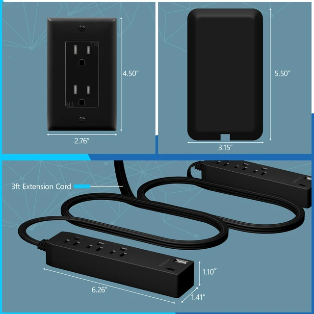 Alt view image 2 of 7 - Outlet Extender with 3 Receptacles, 2 Power Strip, USB-A & USB-C ETL Listed, 3ft Cord, 1625W, Matte Black, 3-Outlet Power Strip, Wall Plate Plug With Cord Extender
