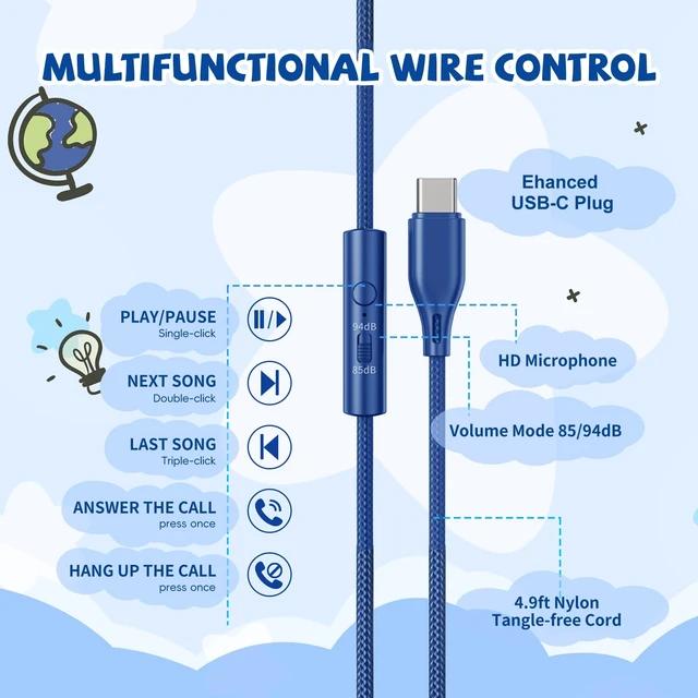 Alt view image 6 of 7 - USB C Headphones Wired for Kids, 85/94dB Volume Limit With Mic, Navy Blue Kid Headphones for School, Wired Over Ear USBC Plug in Corded Headphones for Boys Girl Toddler, iPad, Tablet, Airplane Travel