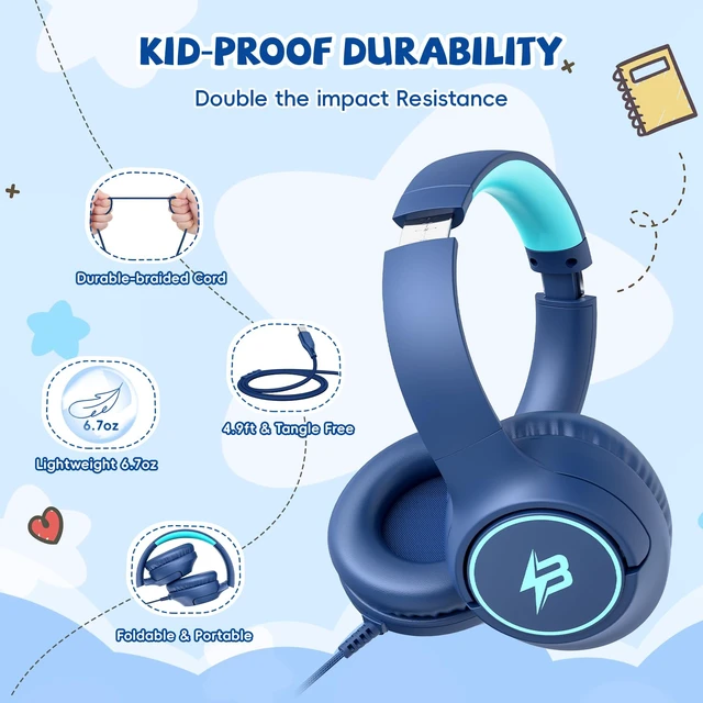 Alt view image 5 of 7 - USB C Headphones Wired for Kids, 85/94dB Volume Limit With Mic, Navy Blue Kid Headphones for School, Wired Over Ear USBC Plug in Corded Headphones for Boys Girl Toddler, iPad, Tablet, Airplane Travel