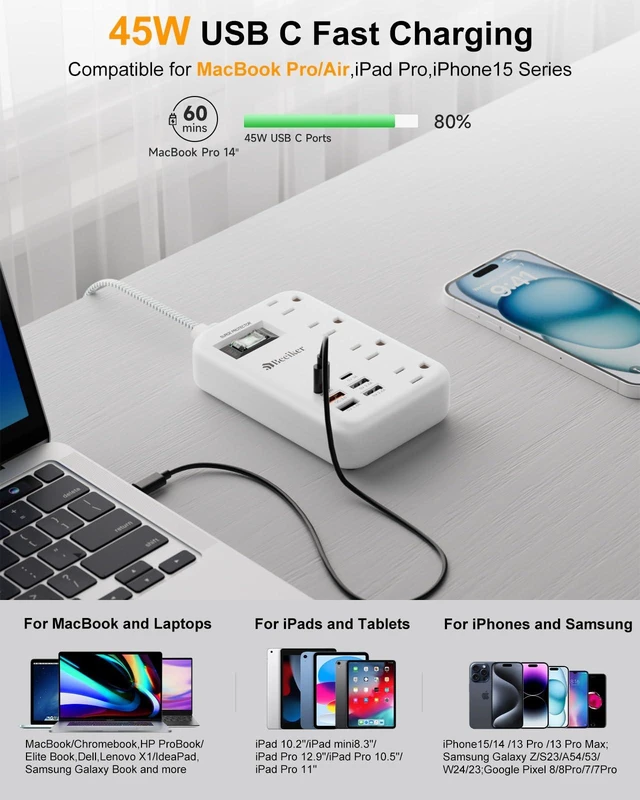 Alt view image 2 of 7 - PD45W USB C Surge Protector Power Strip,6 USB Travel Extension Cord 5Ft 45W,Travel Power Strip,6 USB (2 USB C),4 Outlets,5FT Braided Extension Cord,Flat Plug,Fast Charging for MacBook Laptops iPad