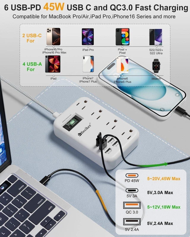 Alt view image 3 of 7 - PD45W USB C Surge Protector Power Strip,6 USB Travel Extension Cord 5Ft 45W,Travel Power Strip,6 USB (2 USB C),4 Outlets,5FT Braided Extension Cord,Flat Plug,Fast Charging for MacBook Laptops iPad