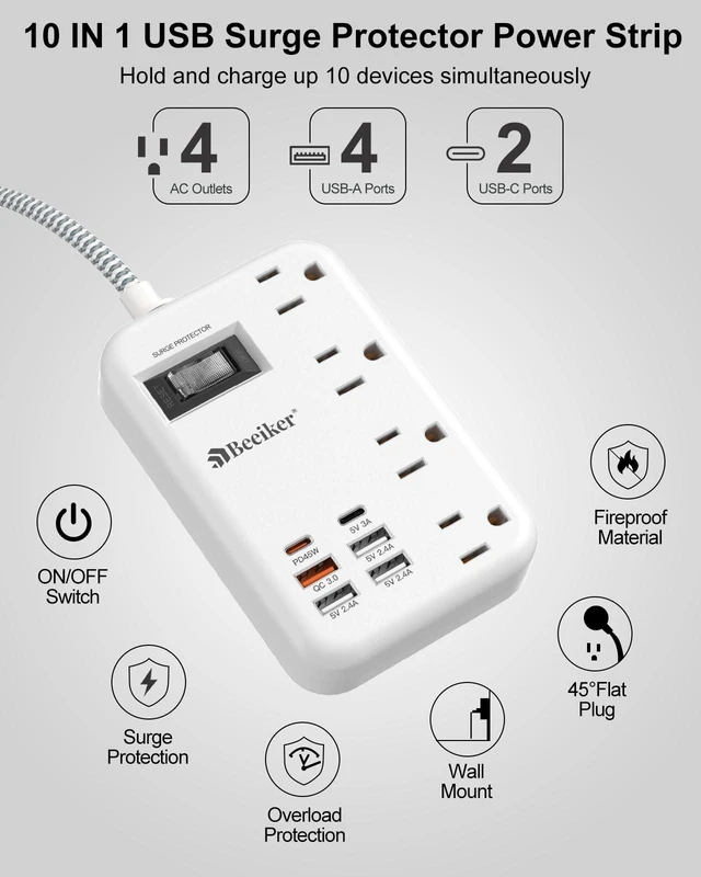 Alt view image 4 of 7 - PD45W USB C Surge Protector Power Strip,6 USB Travel Extension Cord 5Ft 45W,Travel Power Strip,6 USB (2 USB C),4 Outlets,5FT Braided Extension Cord,Flat Plug,Fast Charging for MacBook Laptops iPad