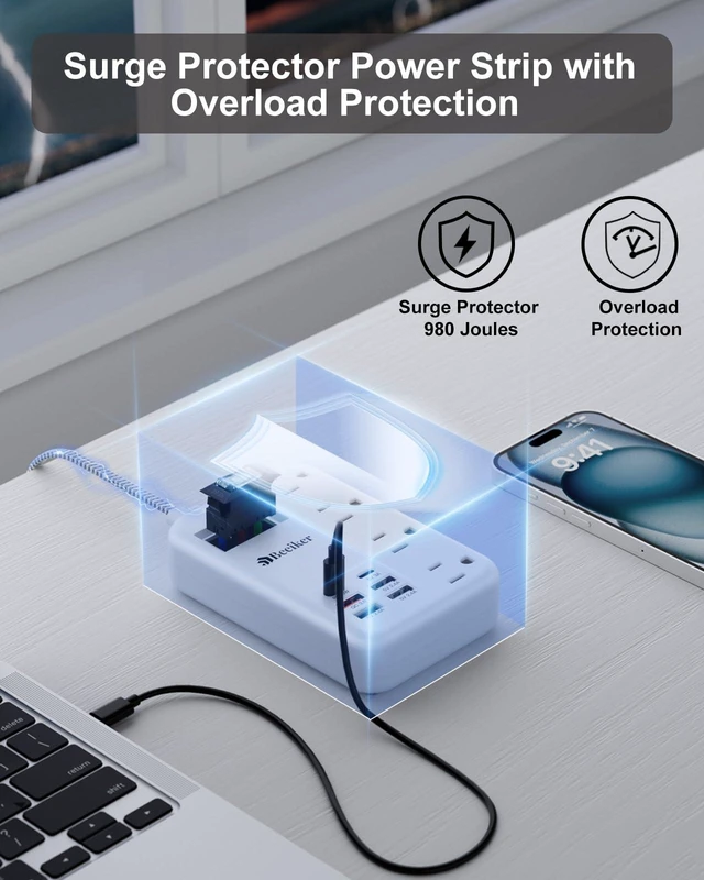 Alt view image 5 of 7 - PD45W USB C Surge Protector Power Strip,6 USB Travel Extension Cord 5Ft 45W,Travel Power Strip,6 USB (2 USB C),4 Outlets,5FT Braided Extension Cord,Flat Plug,Fast Charging for MacBook Laptops iPad