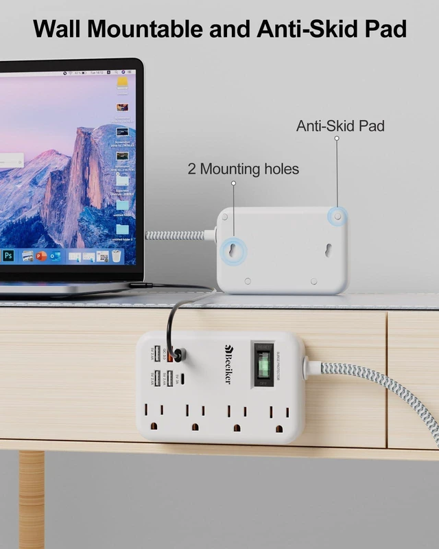 Alt view image 6 of 7 - PD45W USB C Surge Protector Power Strip,6 USB Travel Extension Cord 5Ft 45W,Travel Power Strip,6 USB (2 USB C),4 Outlets,5FT Braided Extension Cord,Flat Plug,Fast Charging for MacBook Laptops iPad